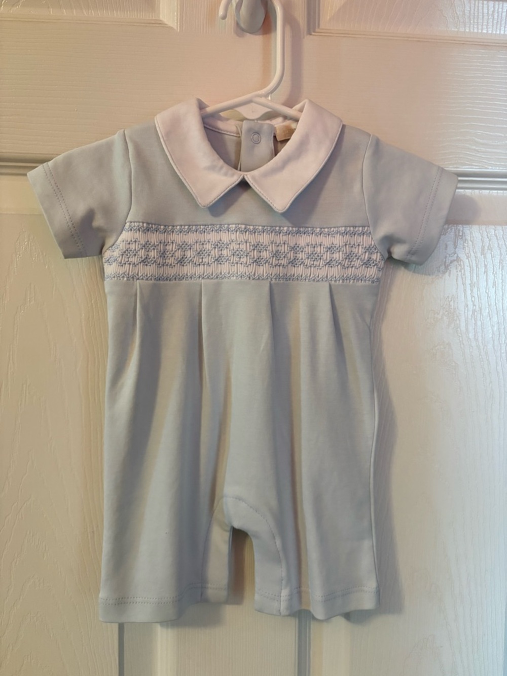 Premier Light Blue Smocked Infant Romper with White Collar
